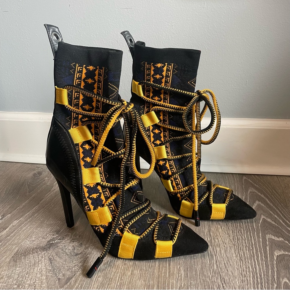 Azalea Wang Pointed Black & Yellow High Heel Sock Boots with Rope Lace, Size 6